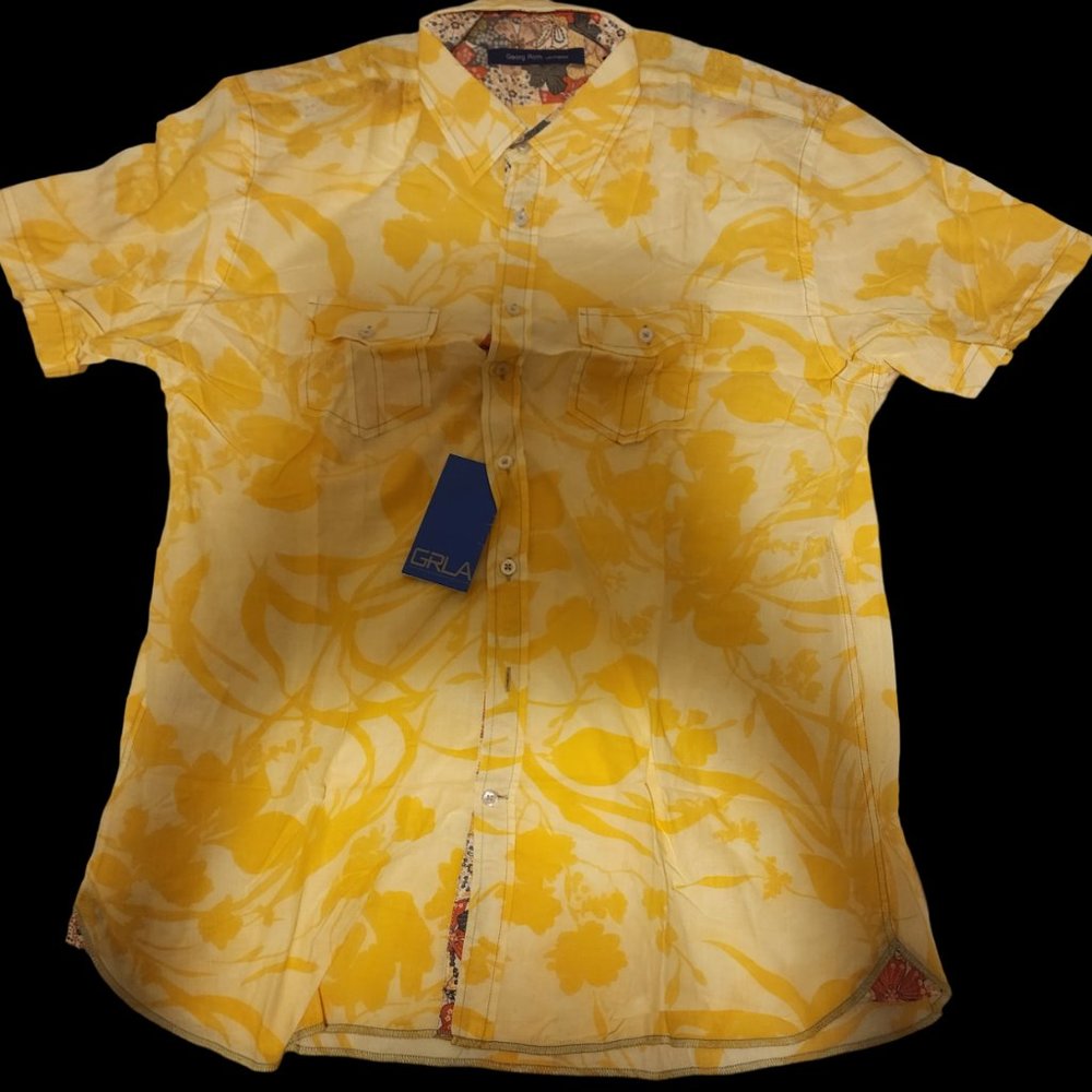 Georg Roth Los Angeles Yellow Floral Short-Sleeve Button-Up Shirt (Size XL)